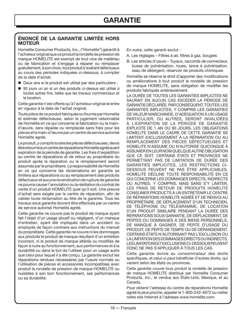 Garantie | Homelite HL80833 User Manual | Page 35 / 52