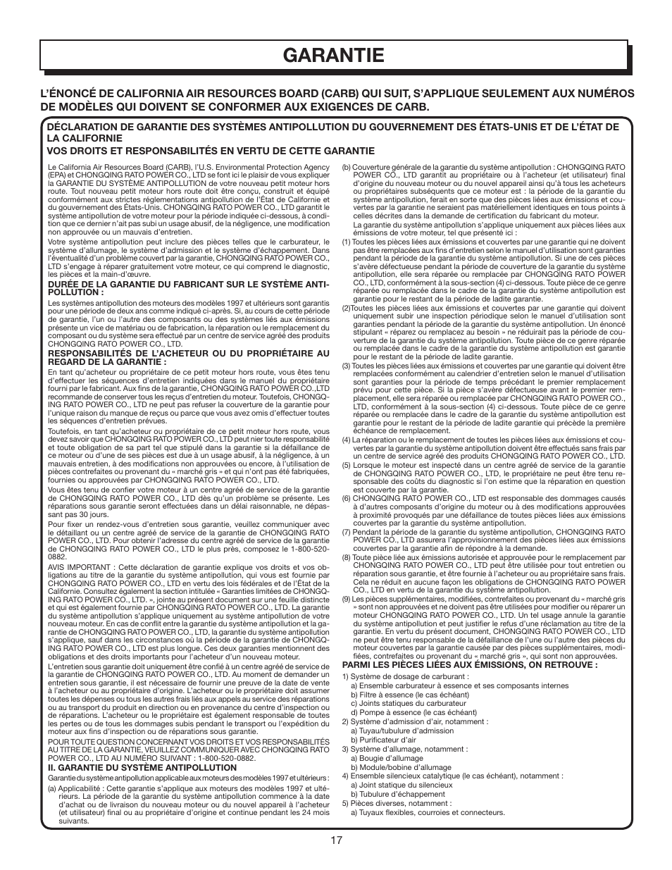 Garantie | Homelite HL80833 User Manual | Page 36 / 52