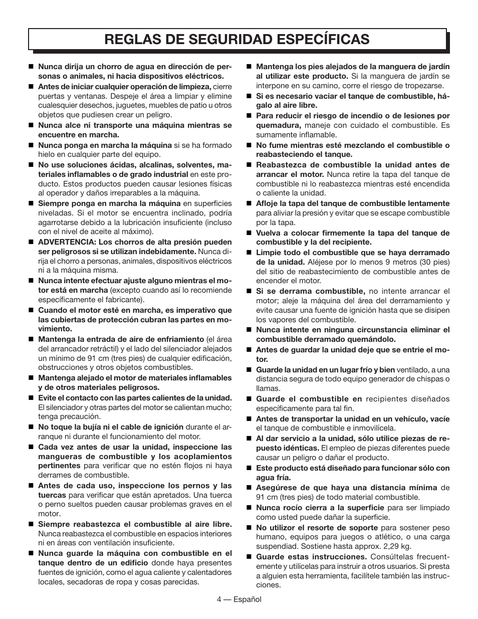 Reglas de seguridad específicas | Homelite HL80833 User Manual | Page 38 / 52