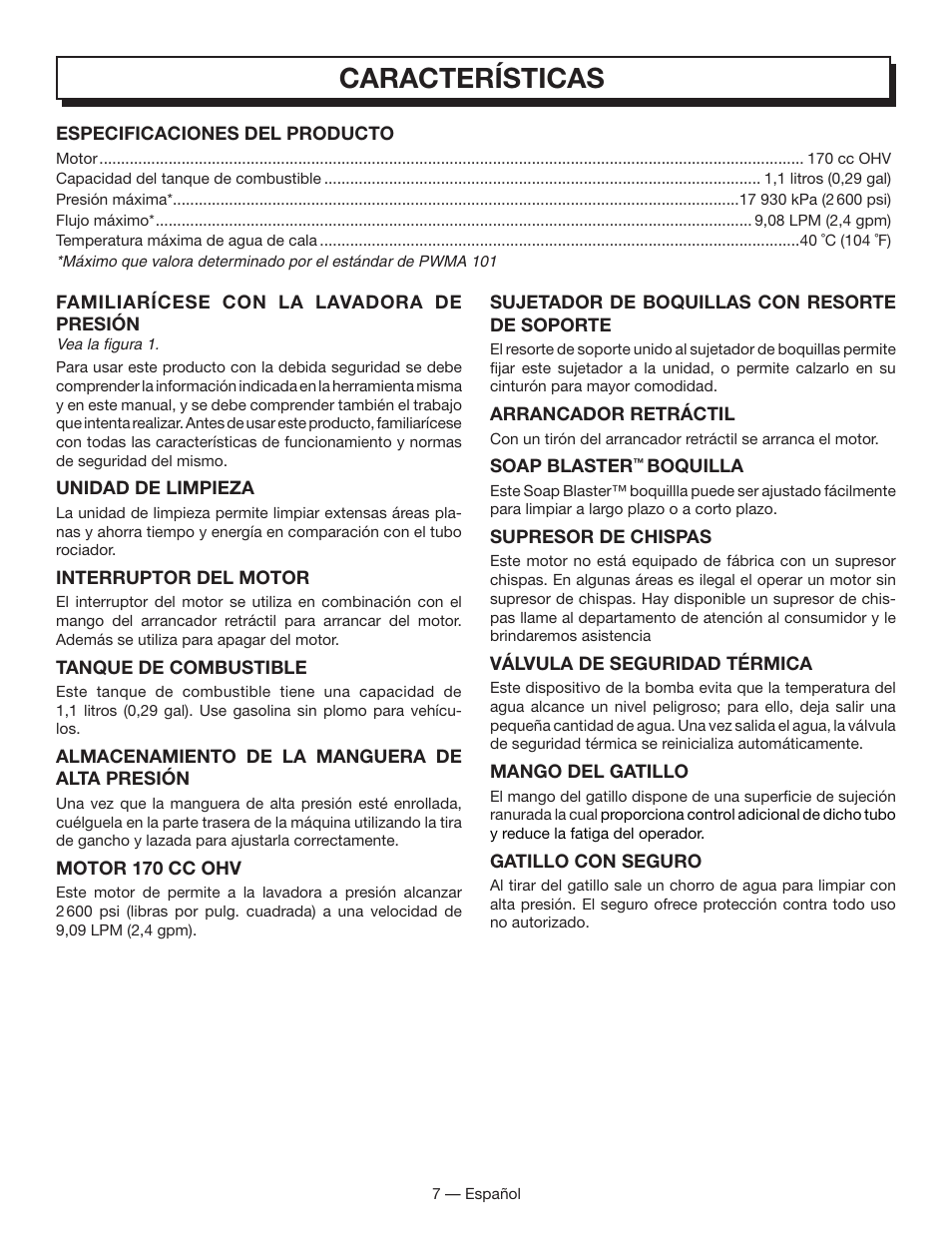 Características | Homelite HL80833 User Manual | Page 41 / 52