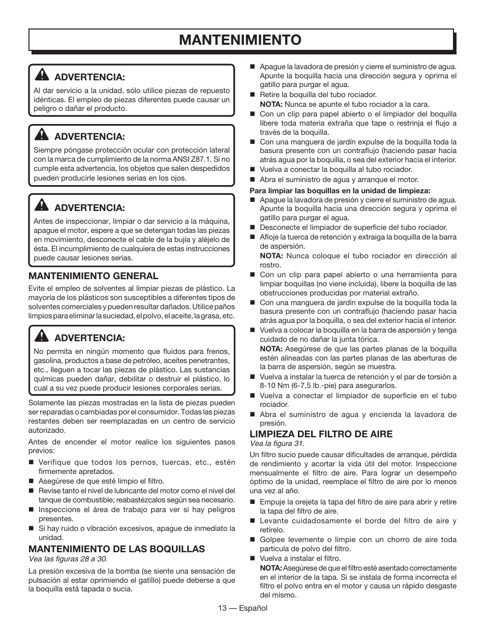 Mantenimiento | Homelite HL80833 User Manual | Page 47 / 52