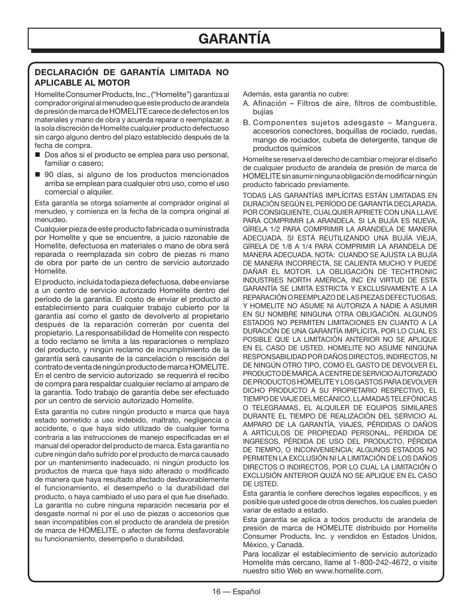 Garantía | Homelite HL80833 User Manual | Page 50 / 52