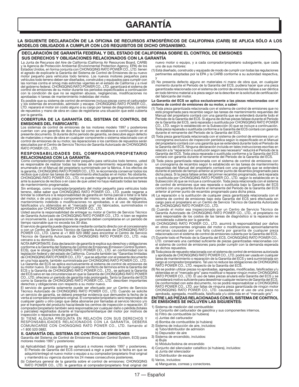 Garantía, 17 — español | Homelite HL80833 User Manual | Page 51 / 52