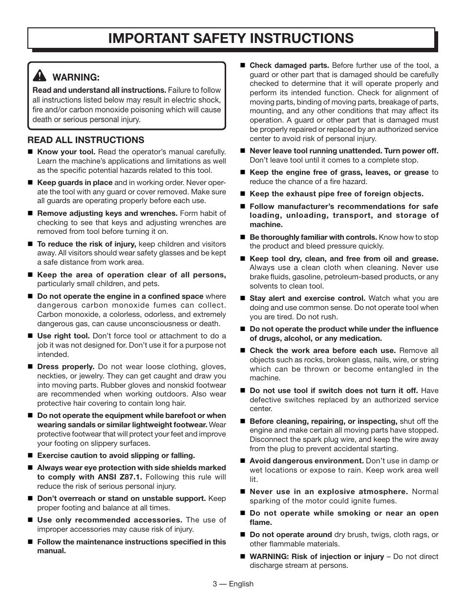 Important safety instructions, Warning | Homelite HL80833 User Manual | Page 7 / 52