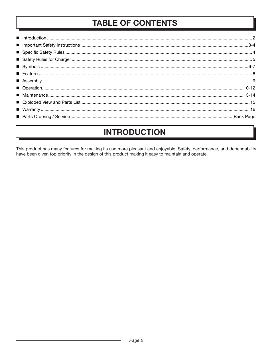 Introduction table of contents | Homelite UT44170 User Manual | Page 2 / 18