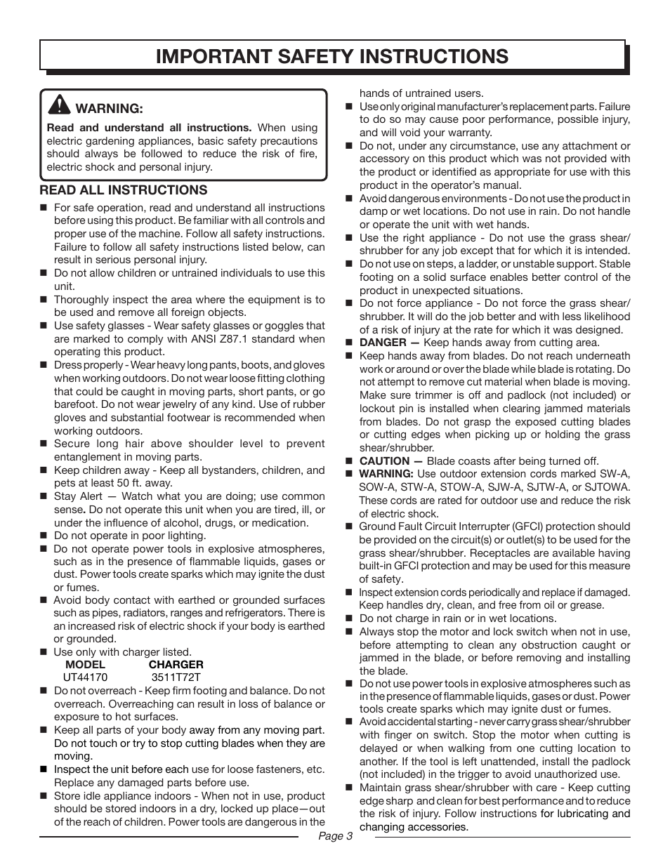 Important safety instructions | Homelite UT44170 User Manual | Page 3 / 18