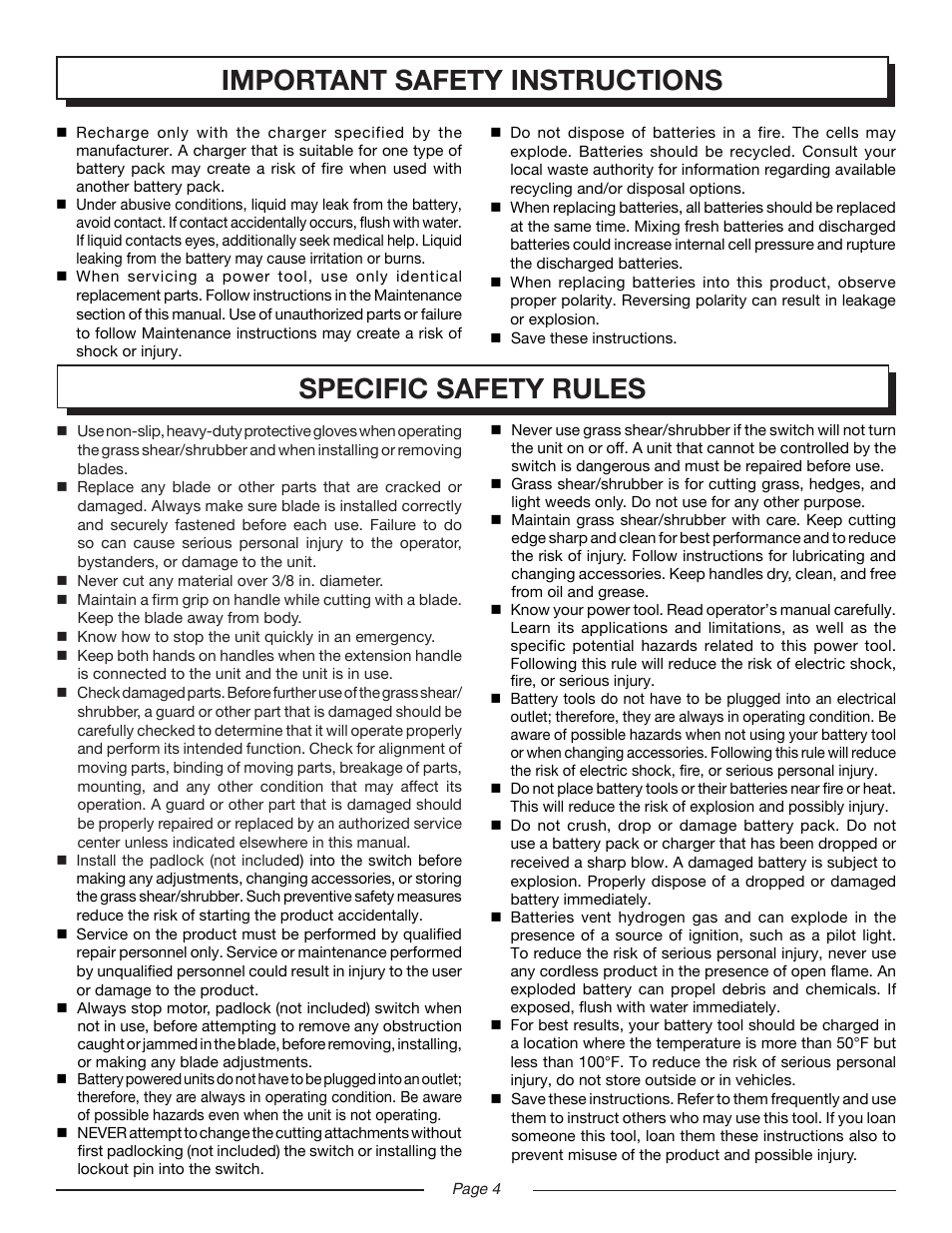 Specific safety rules, Important safety instructions | Homelite UT44170 User Manual | Page 4 / 18