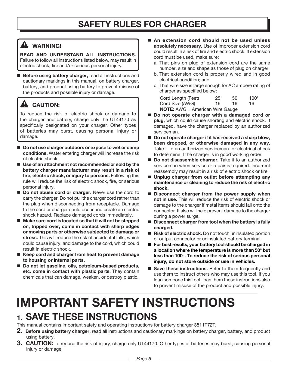 Important safety instructions, Save these instructions, Safety rules for charger | Homelite UT44170 User Manual | Page 5 / 18