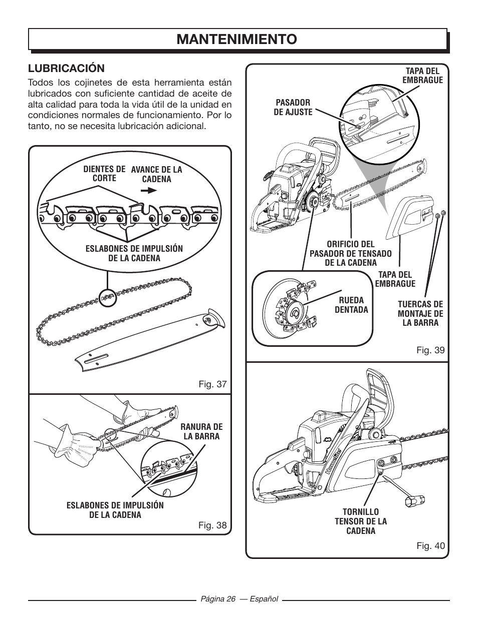 Mantenimiento, Lubricación | Homelite UT10548 User Manual | Page 104 / 120