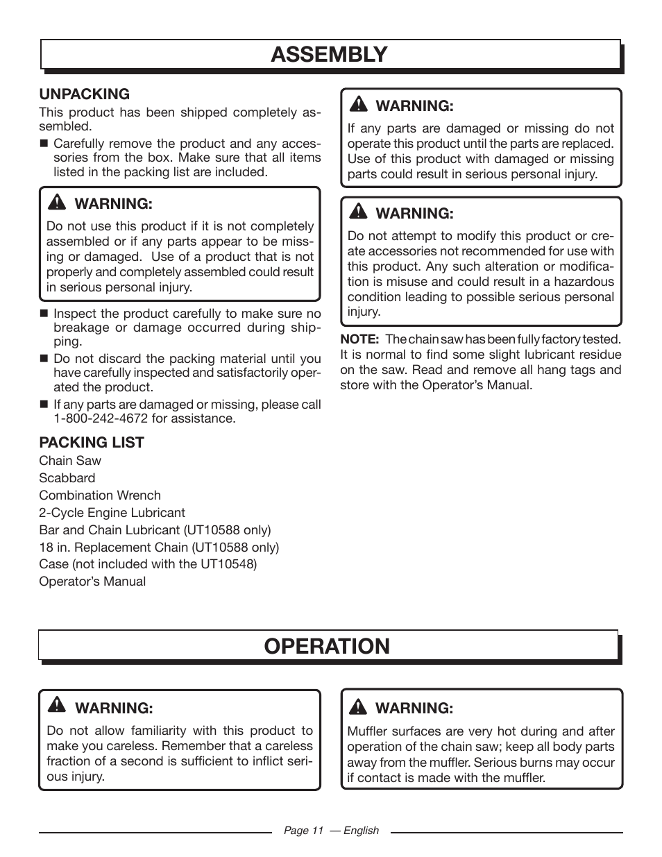 Assembly operation | Homelite UT10548 User Manual | Page 11 / 120