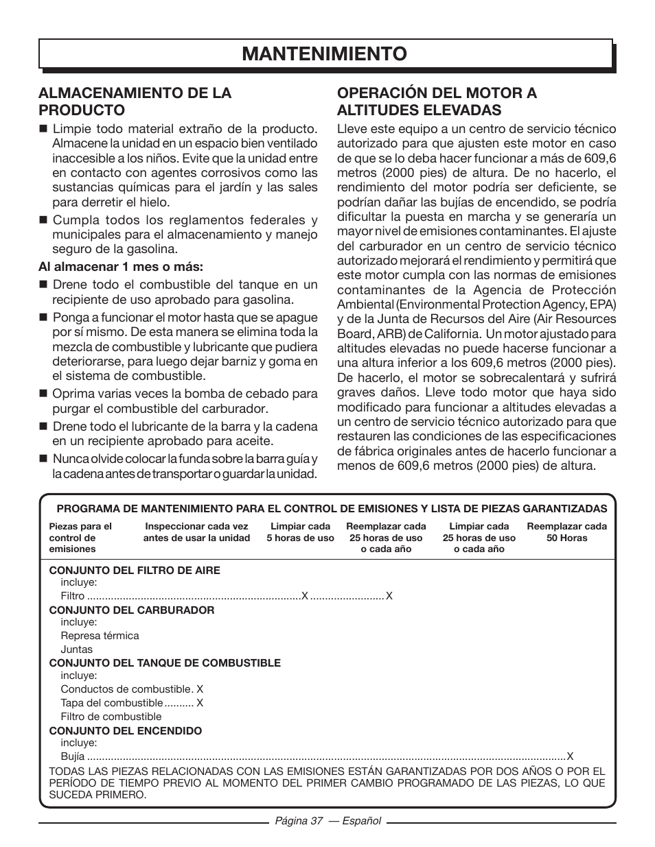 Mantenimiento, Almacenamiento de la producto, Operación del motor a altitudes elevadas | Homelite UT10548 User Manual | Page 115 / 120