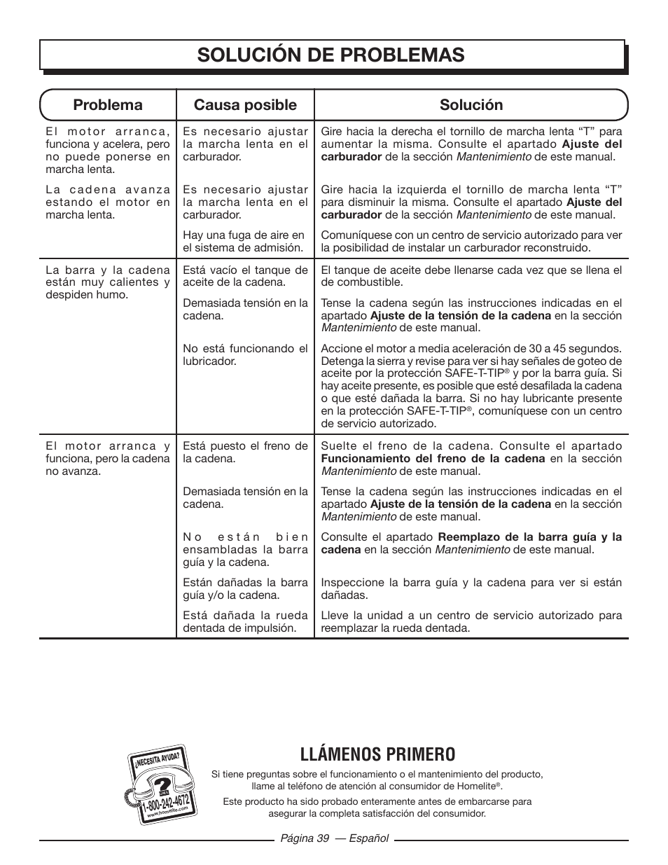 Solución de problemas, Llámenos primero, Problema causa posible solución | Homelite UT10548 User Manual | Page 117 / 120