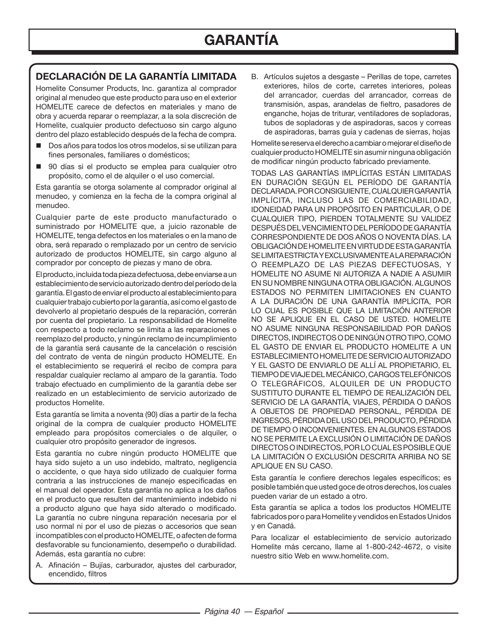 Garantía | Homelite UT10548 User Manual | Page 118 / 120