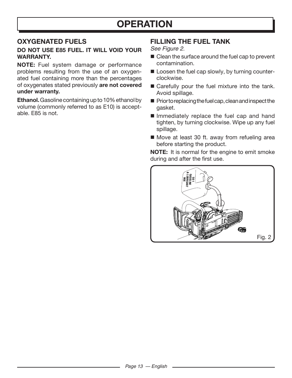 Operation, Oxygenated fuels, Filling the fuel tank | Homelite UT10548 User Manual | Page 13 / 120
