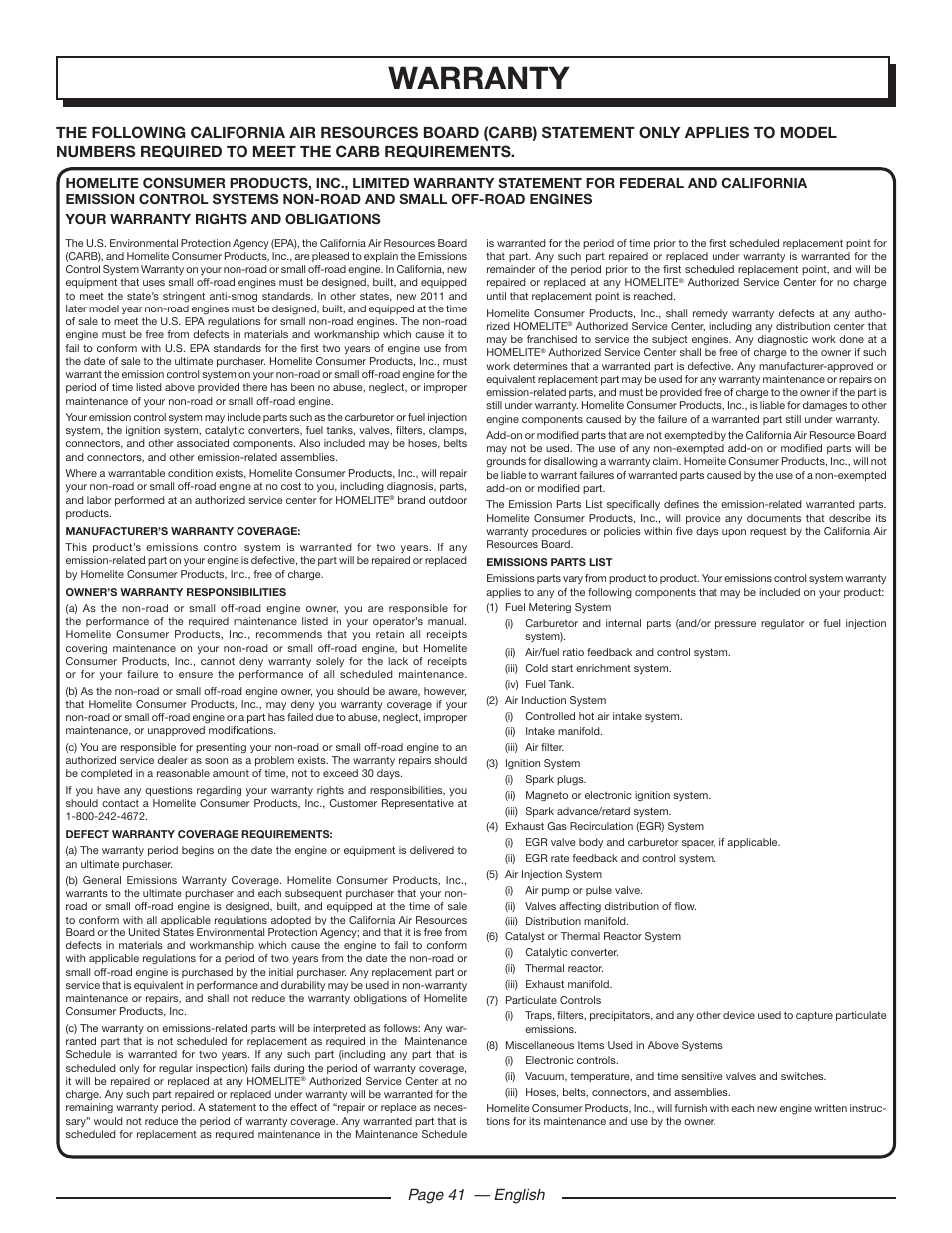 Warranty, Page 41 — english | Homelite UT10548 User Manual | Page 41 / 120