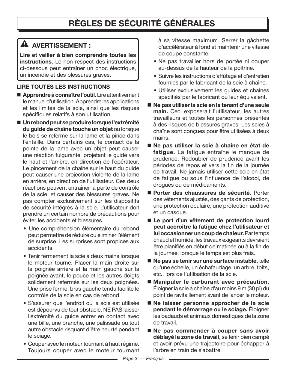 Règles de sécurité générales | Homelite UT10548 User Manual | Page 42 / 120