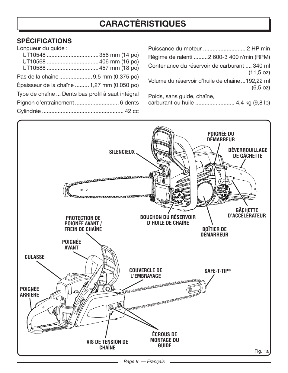 Caractéristiques, Spécifications | Homelite UT10548 User Manual | Page 48 / 120