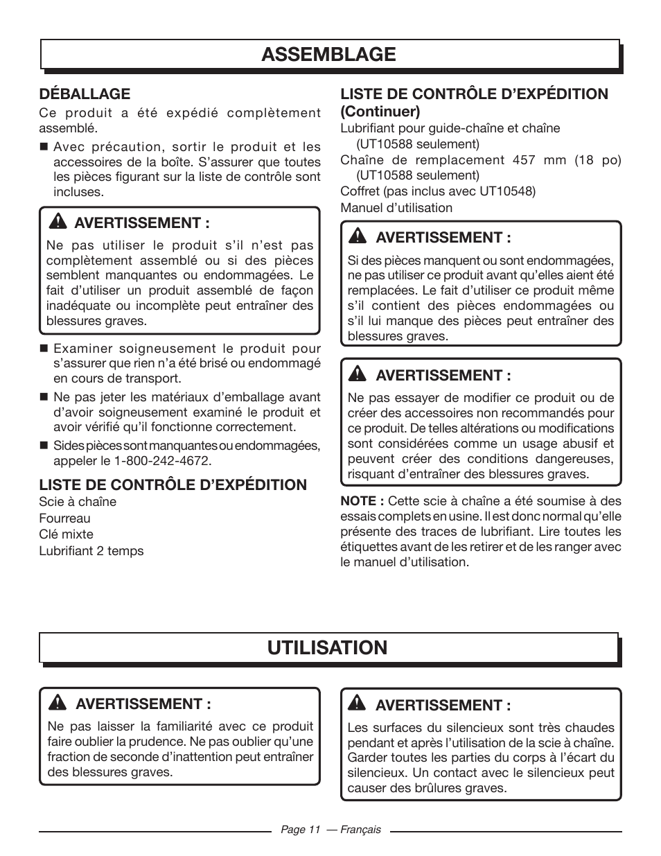 Assemblage utilisation | Homelite UT10548 User Manual | Page 50 / 120