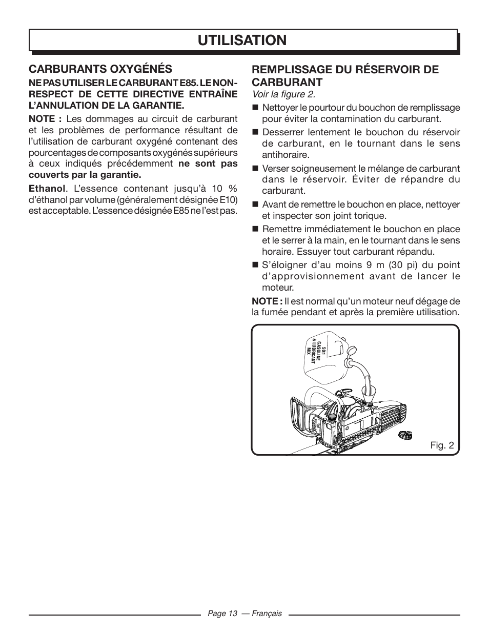 Utilisation, Carburants oxygénés, Remplissage du réservoir de carburant | Homelite UT10548 User Manual | Page 52 / 120