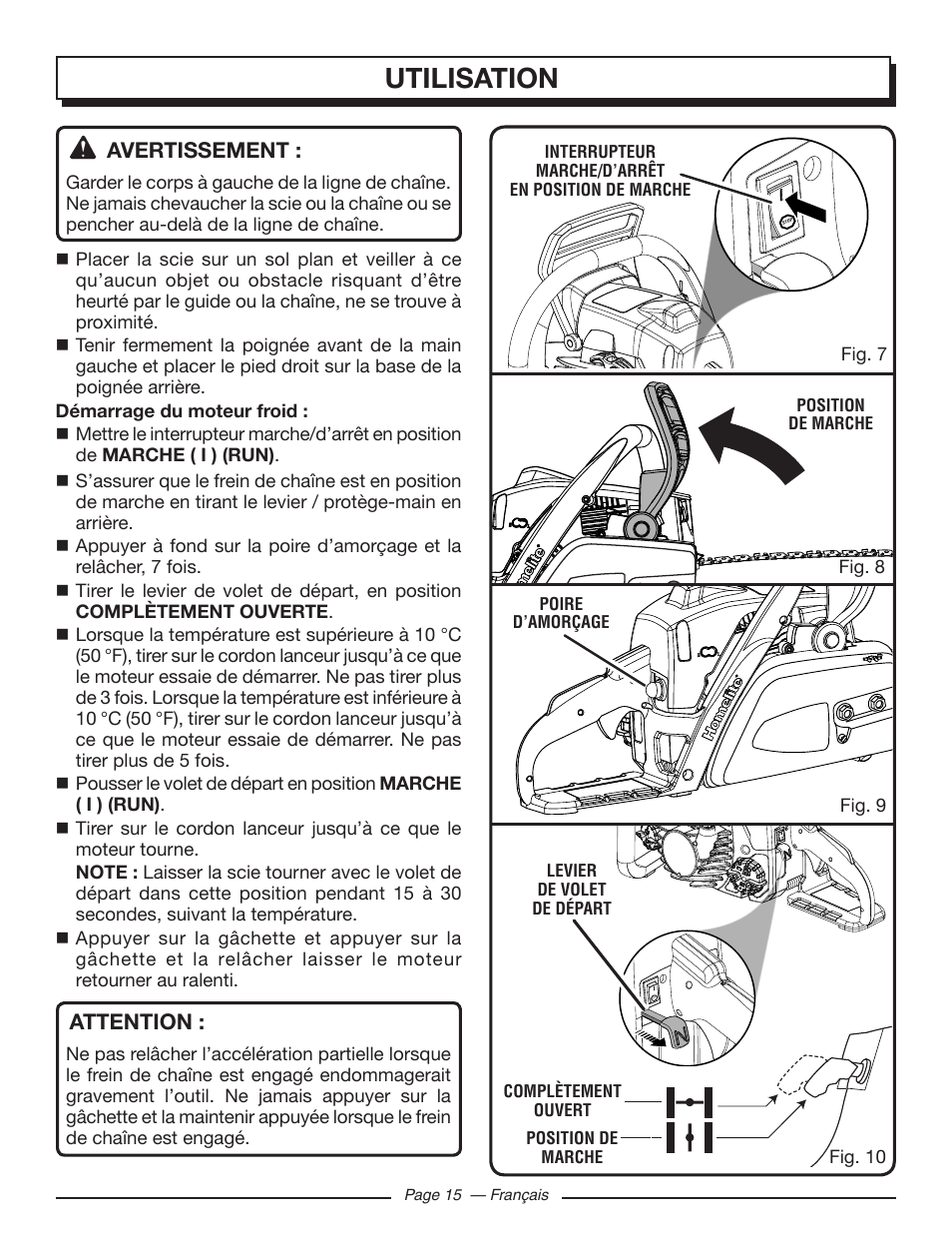 Utilisation, Avertissement, Attention | Homelite UT10548 User Manual | Page 54 / 120