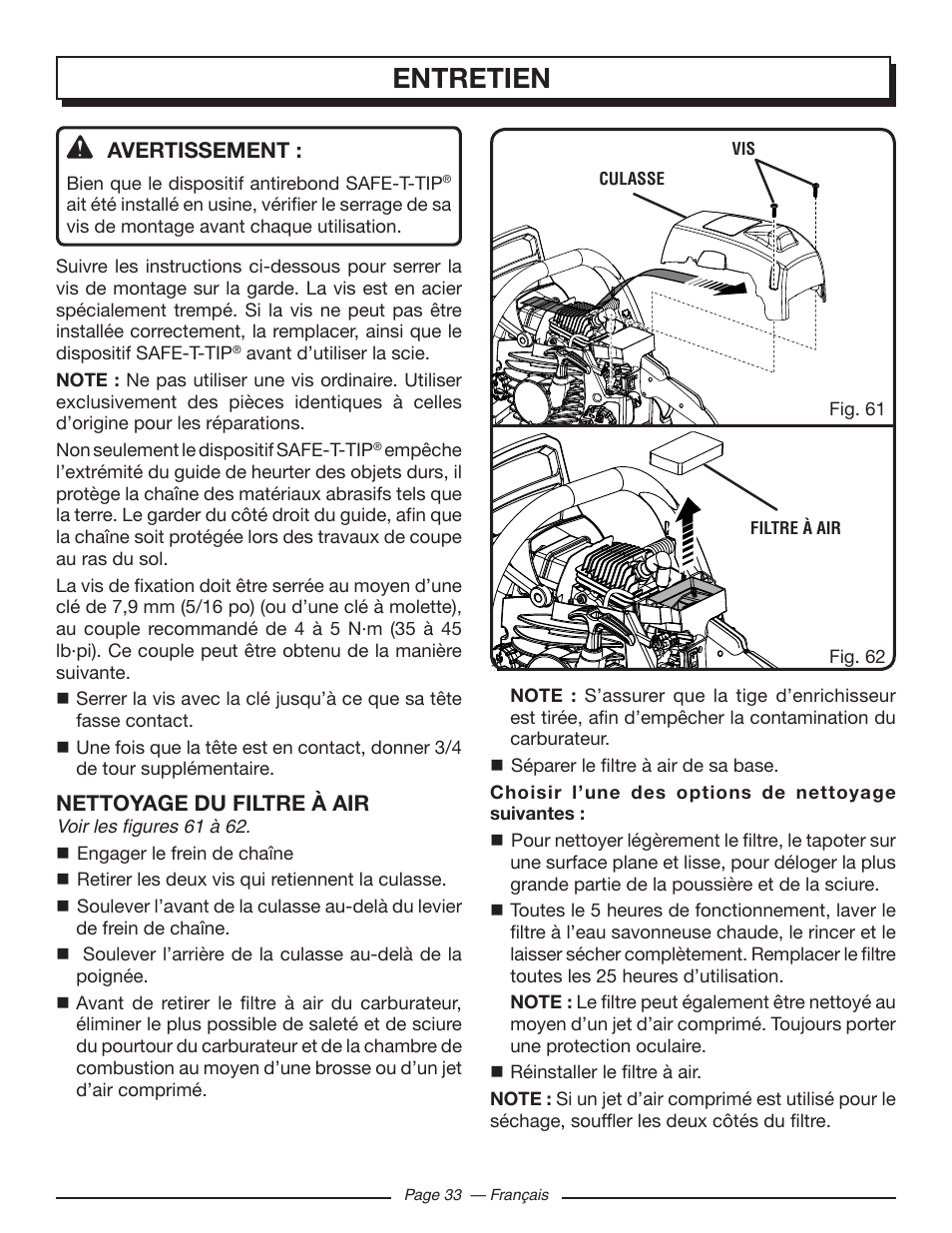 Entretien, Avertissement, Nettoyage du filtre à air | Homelite UT10548 User Manual | Page 72 / 120