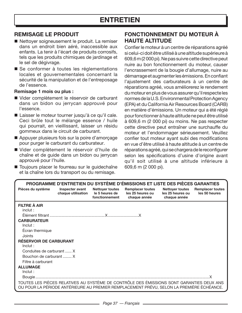 Entretien, Remisage le produit, Fonctionnement du moteur à haute altitude | Homelite UT10548 User Manual | Page 76 / 120