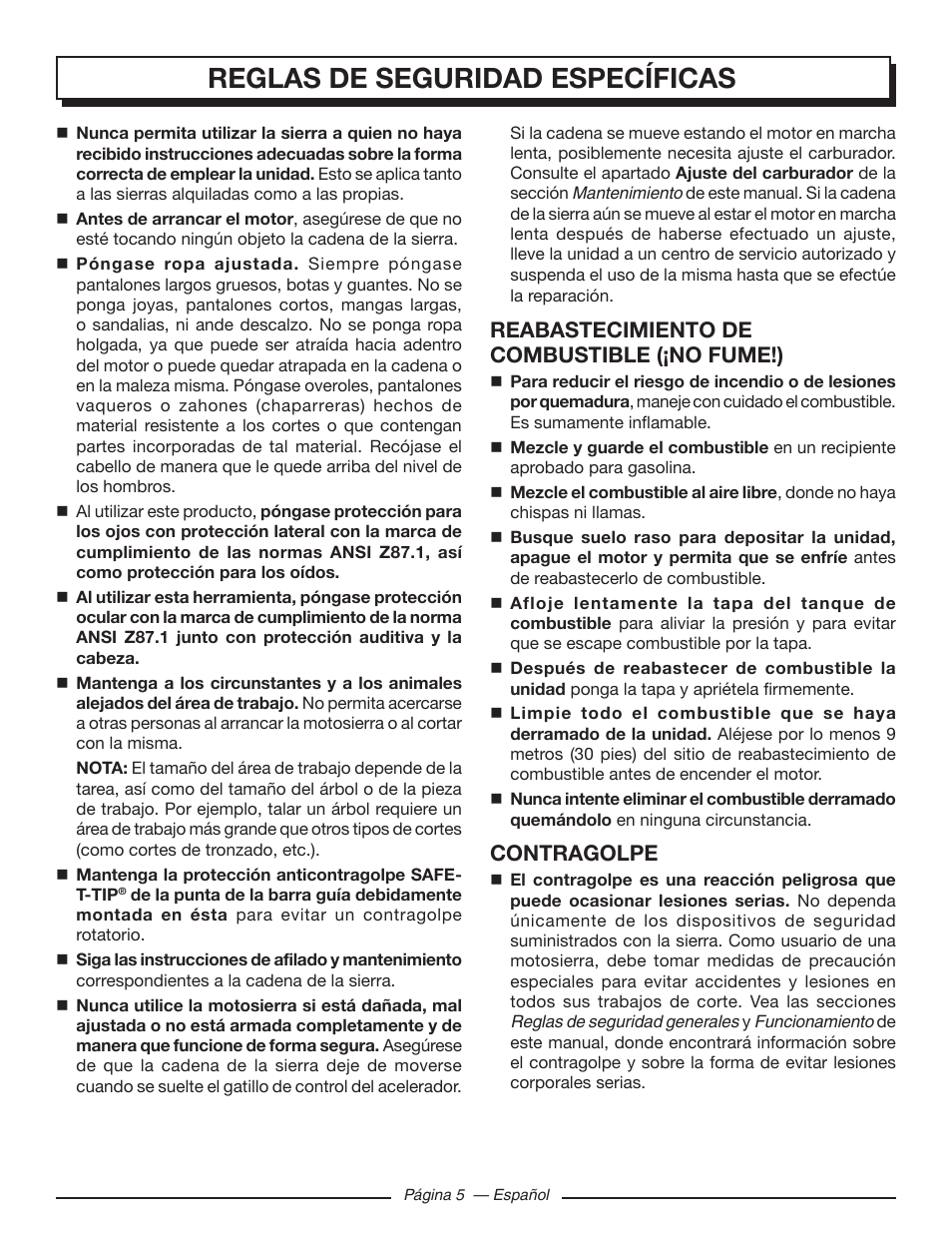 Reglas de seguridad específicas, Reabastecimiento de combustible (¡no fume!), Contragolpe | Homelite UT10548 User Manual | Page 83 / 120