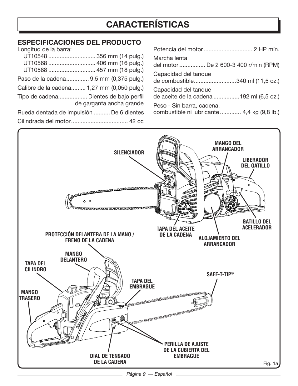 Características, Especificaciones del producto | Homelite UT10548 User Manual | Page 87 / 120