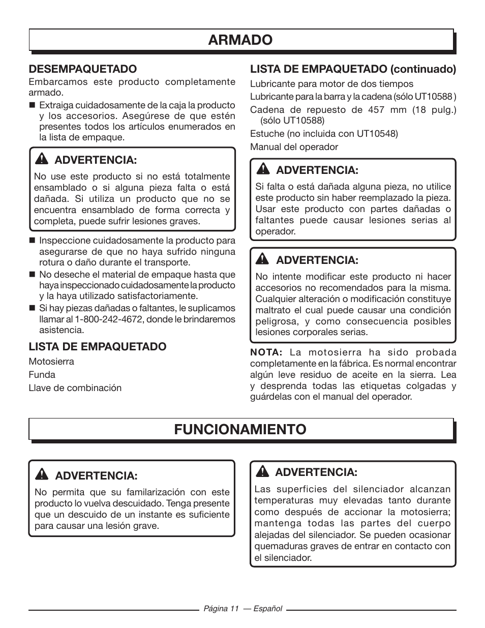 Armado funcionamiento | Homelite UT10548 User Manual | Page 89 / 120