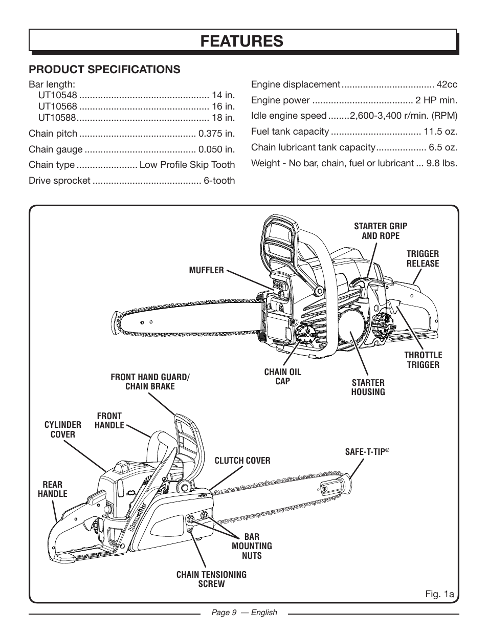 Features, Product specifications | Homelite UT10548 User Manual | Page 9 / 120