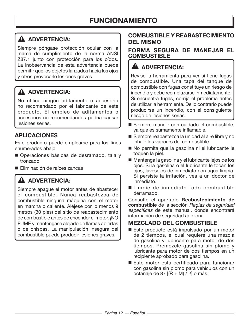Funcionamiento | Homelite UT10548 User Manual | Page 90 / 120