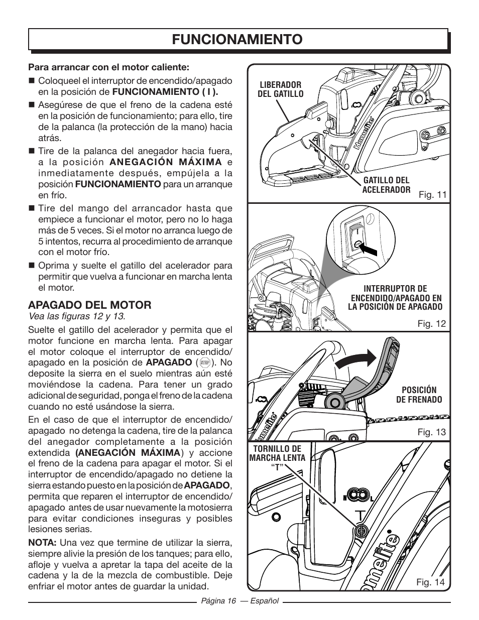 Funcionamiento, Apagado del motor | Homelite UT10548 User Manual | Page 94 / 120