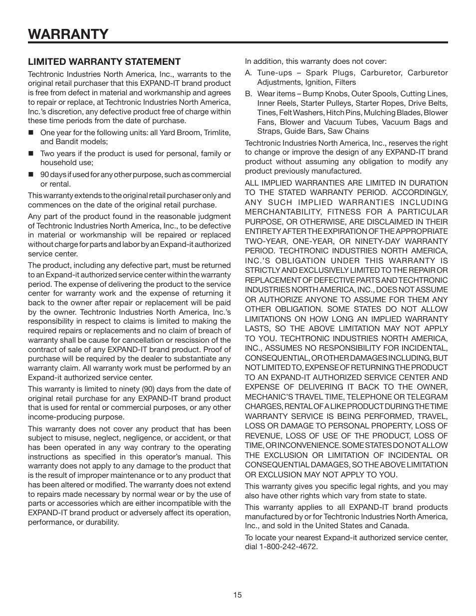 Warranty | Homelite Expand-it UT15550B User Manual | Page 15 / 16