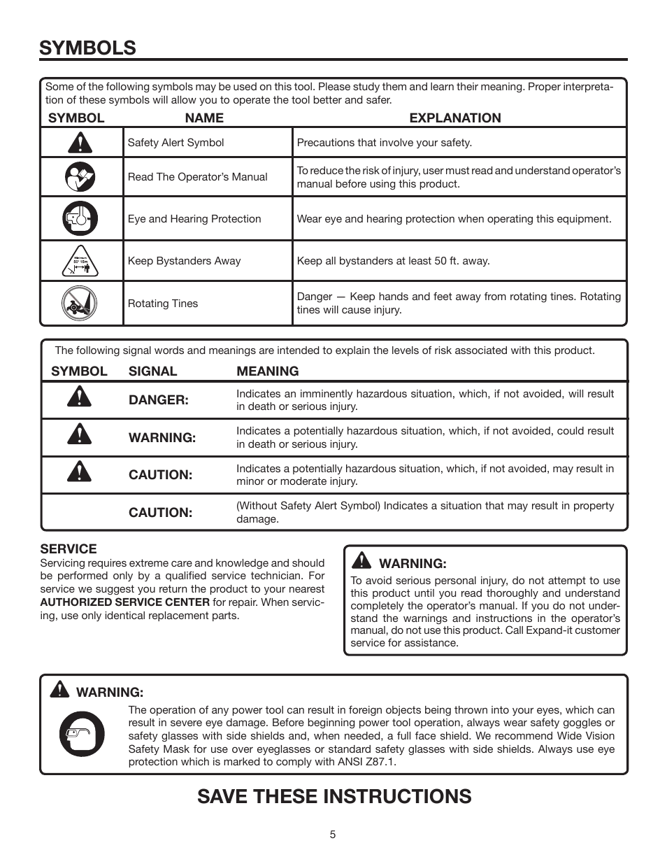 Symbols, Save these instructions | Homelite Expand-it UT15550B User Manual | Page 5 / 16