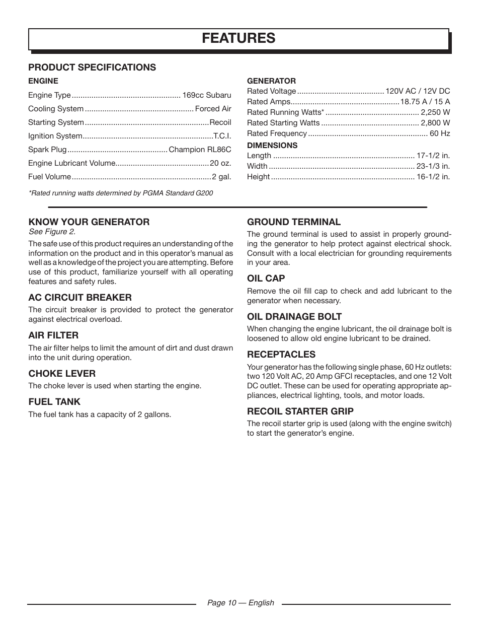 Features | Homelite UT902211 User Manual | Page 14 / 64