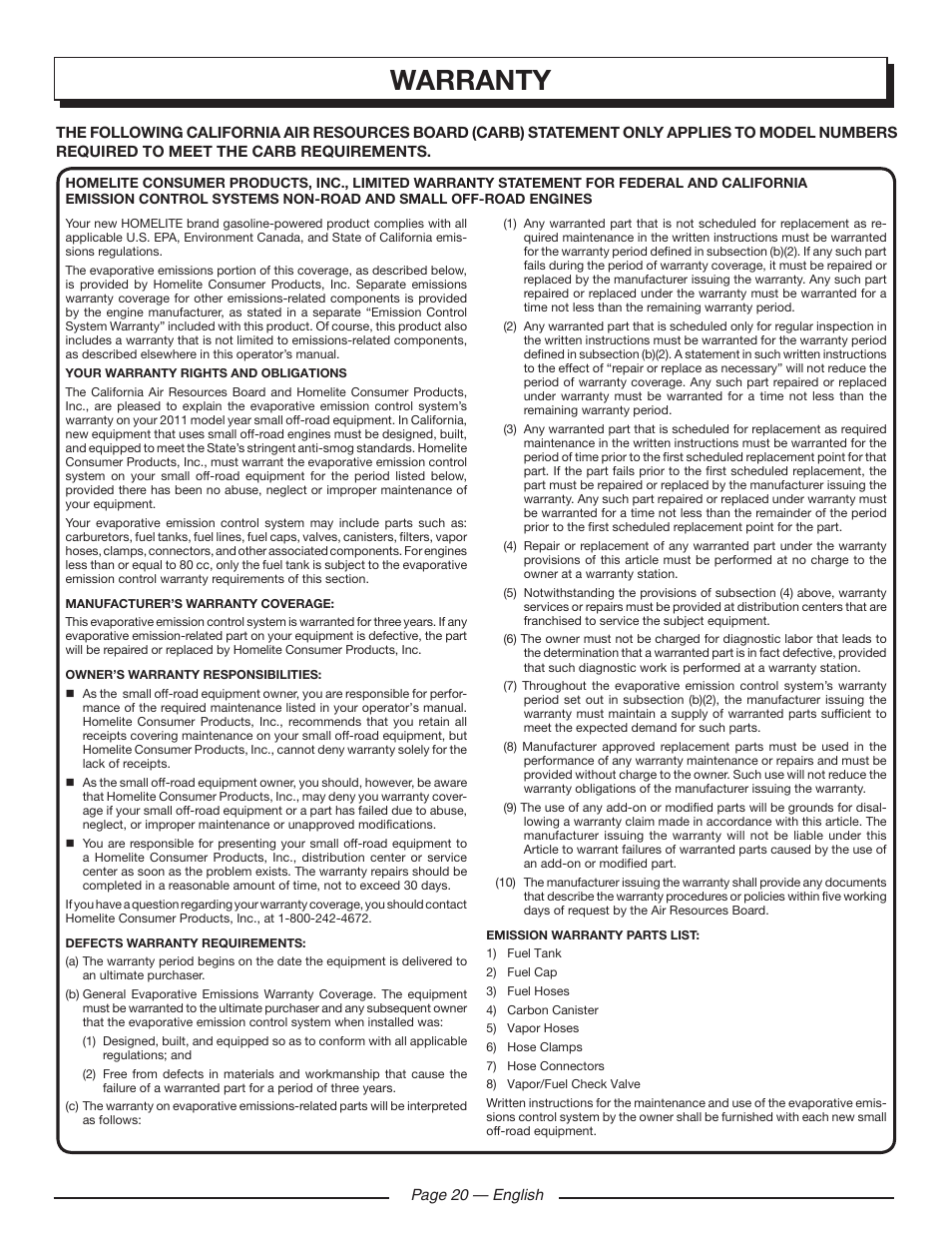 Warranty | Homelite UT902211 User Manual | Page 24 / 64