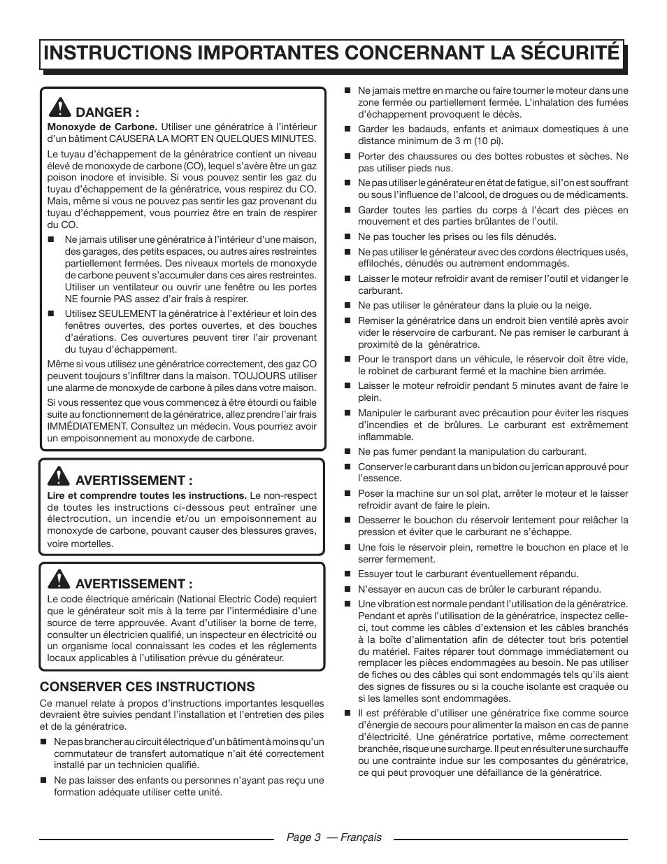 Instructions importantes concernant la sécurité, Danger, Avertissement | Conserver ces instructions | Homelite UT902211 User Manual | Page 26 / 64