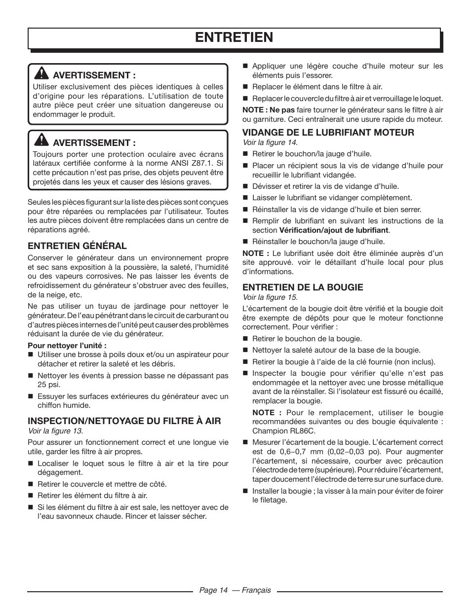 Entretien | Homelite UT902211 User Manual | Page 37 / 64