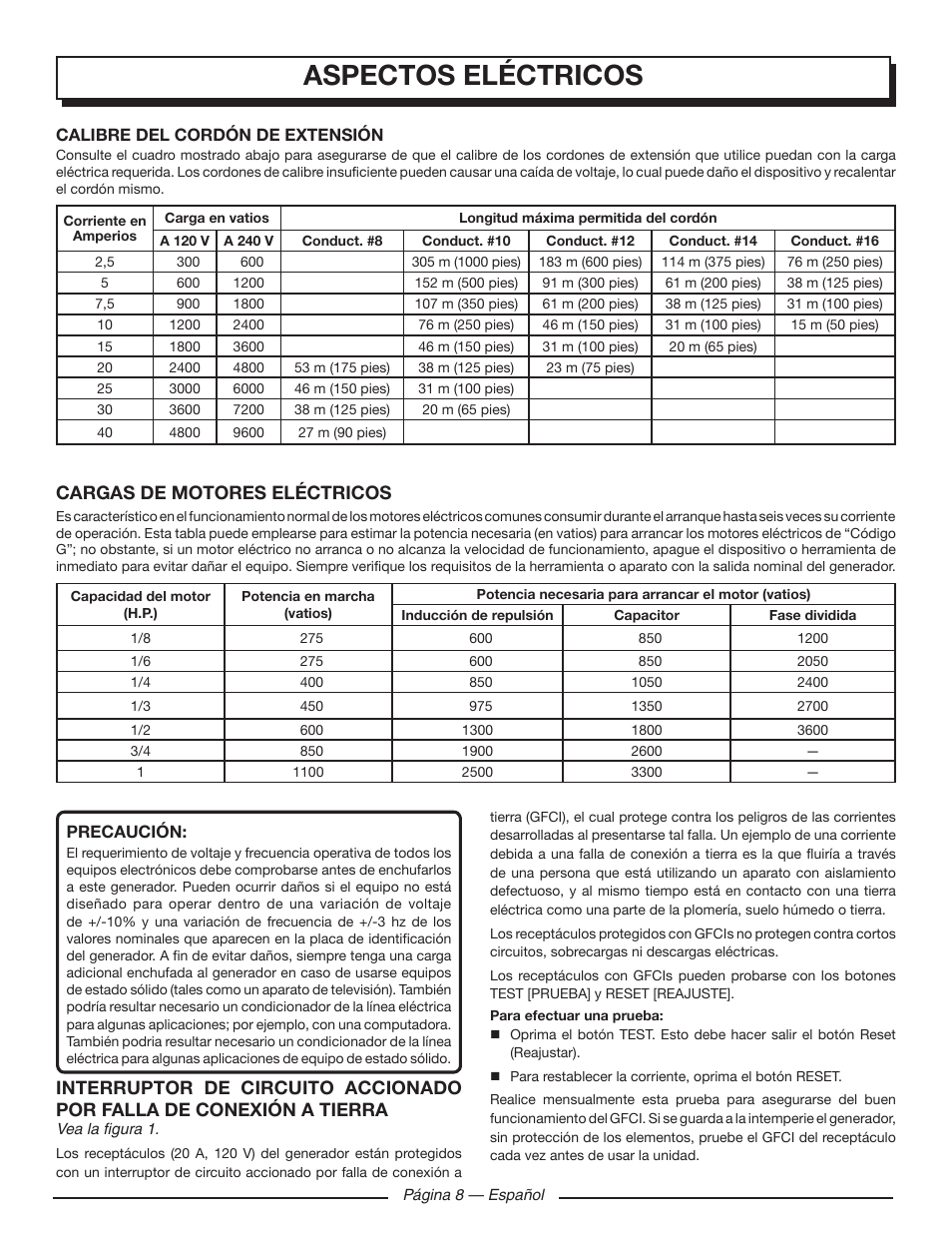 Aspectos eléctricos, Cargas de motores eléctricos | Homelite UT902211 User Manual | Page 50 / 64