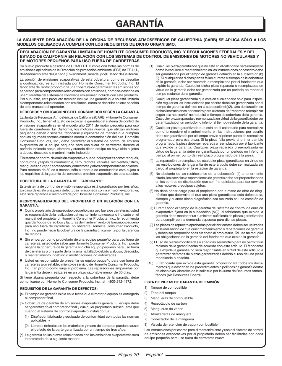 Garantía, Página 20 — español | Homelite UT902211 User Manual | Page 62 / 64