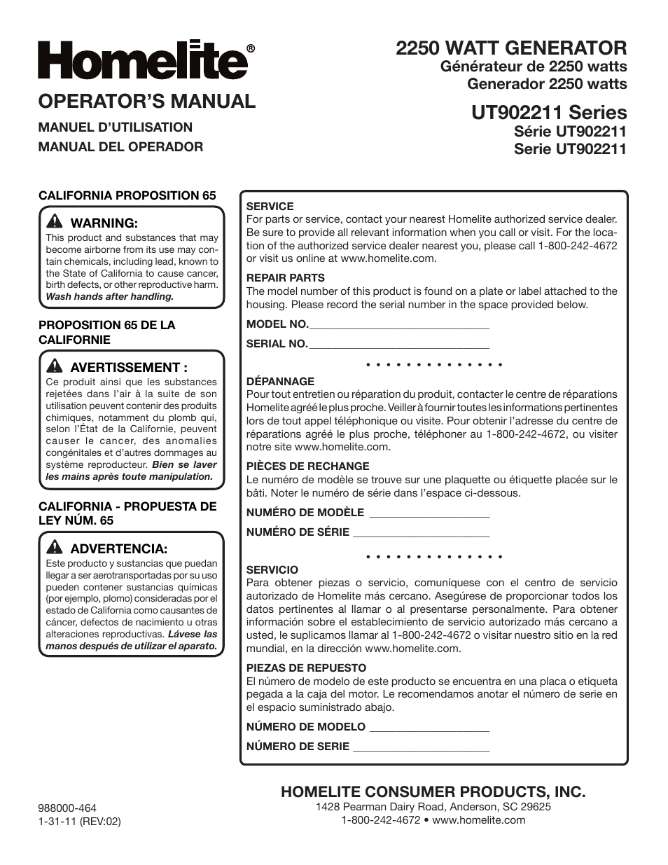 2250 watt generator, Operator’s manual | Homelite UT902211 User Manual | Page 64 / 64