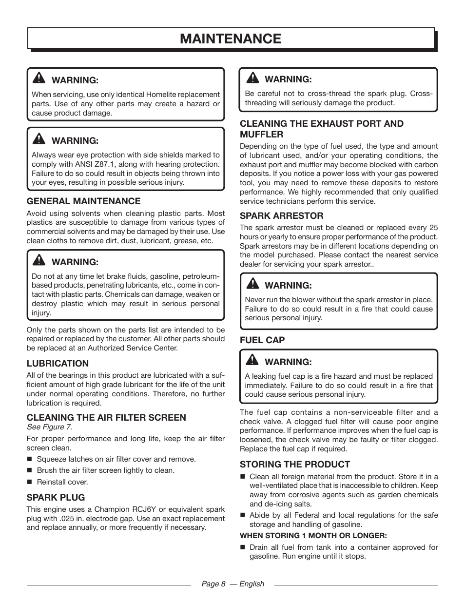 Maintenance | Homelite UT09002 User Manual | Page 10 / 38