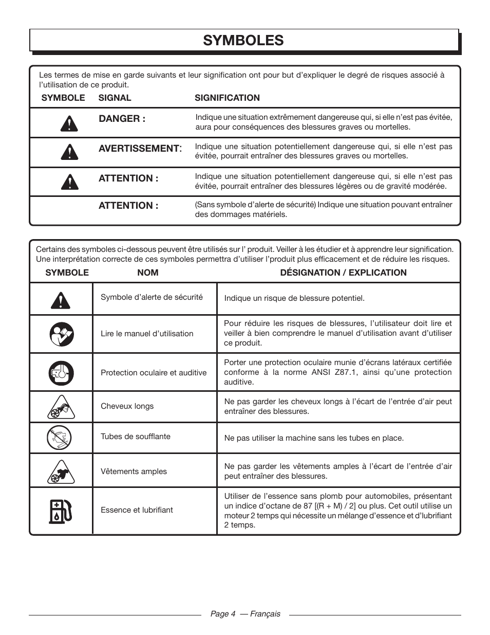 Symboles | Homelite UT09002 User Manual | Page 17 / 38