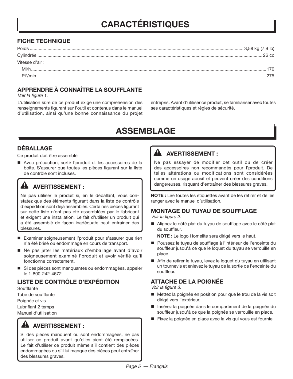 Caractéristiques, Assemblage | Homelite UT09002 User Manual | Page 18 / 38