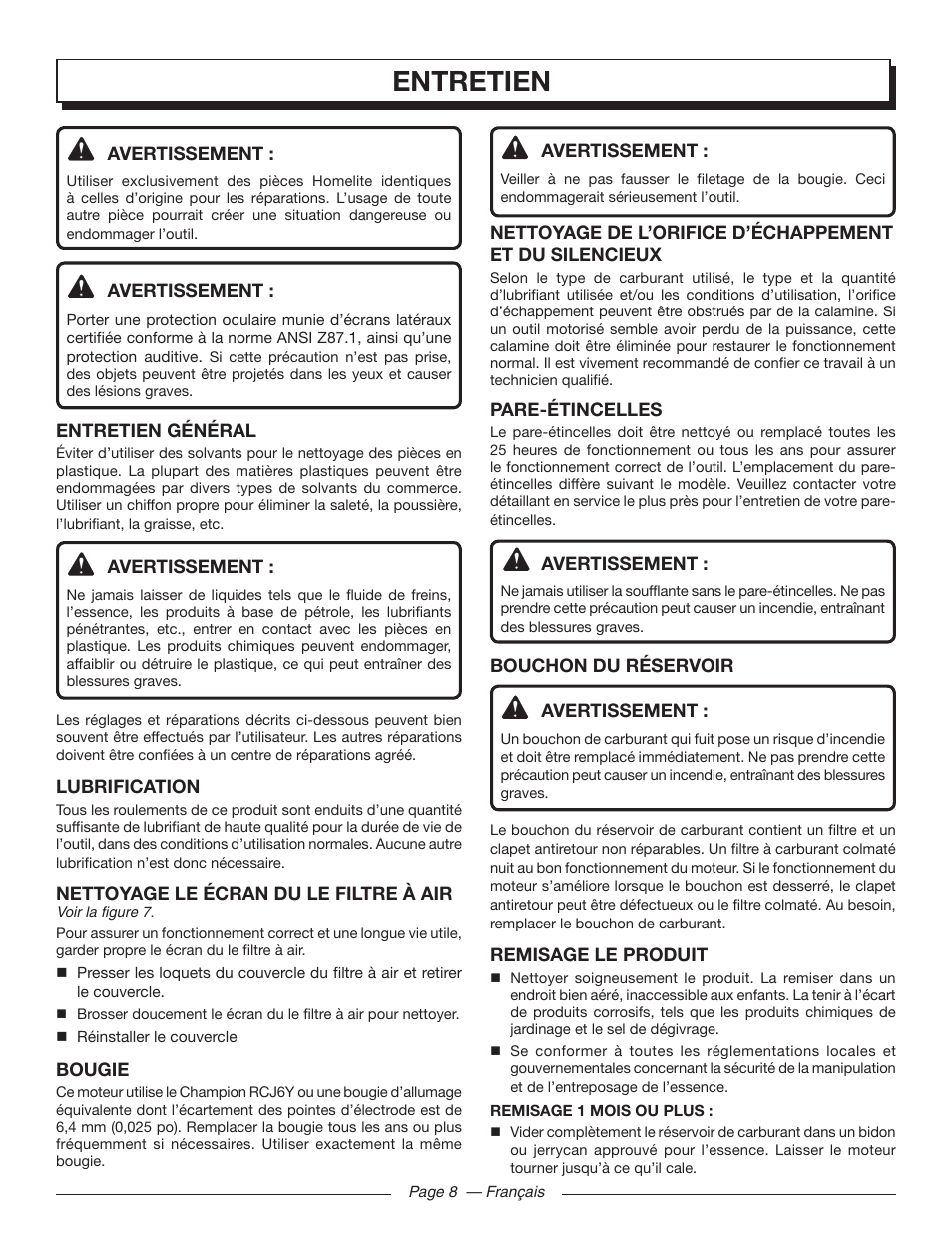 Entretien | Homelite UT09002 User Manual | Page 21 / 38