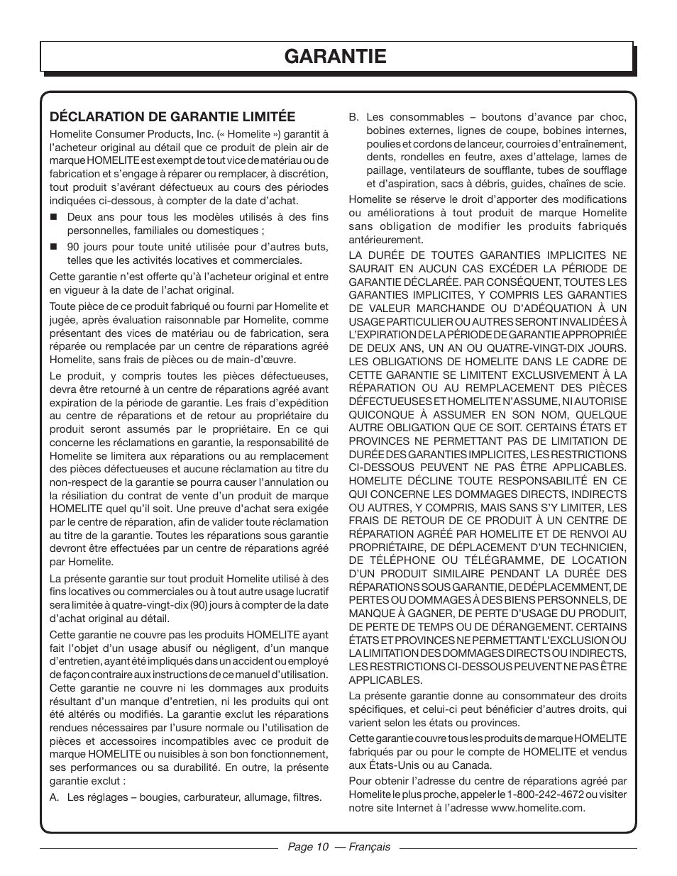 Garantie | Homelite UT09002 User Manual | Page 23 / 38