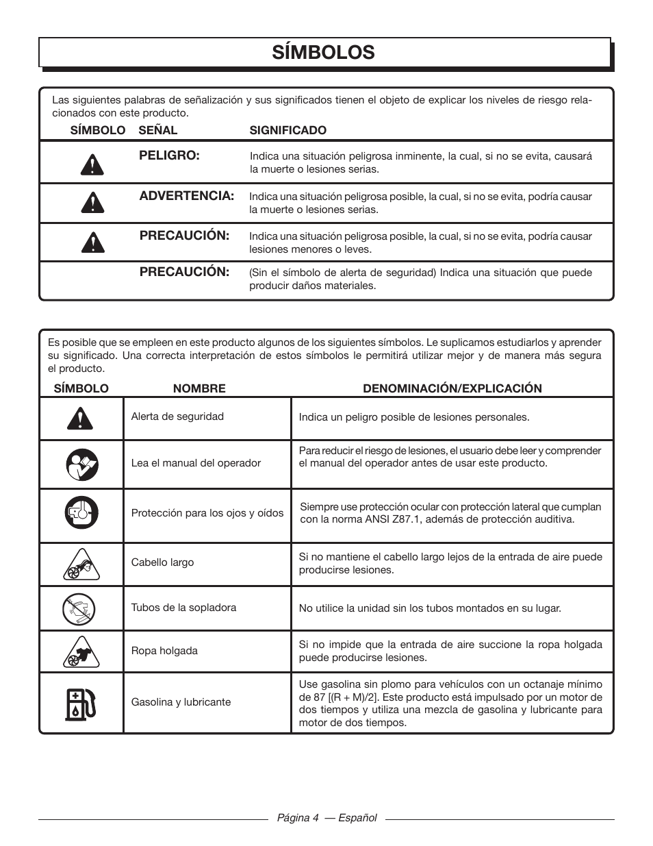 Símbolos | Homelite UT09002 User Manual | Page 28 / 38