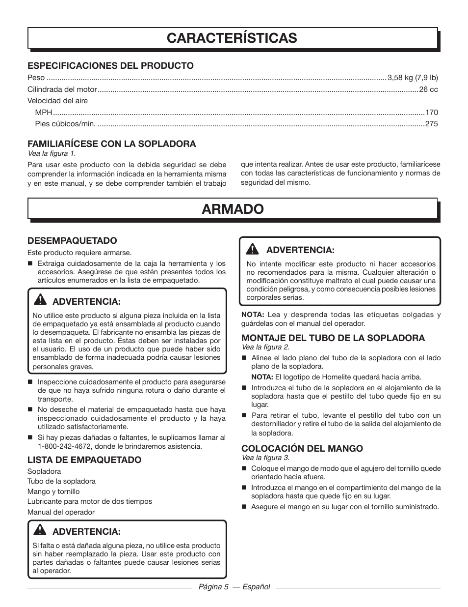Características, Armado | Homelite UT09002 User Manual | Page 29 / 38