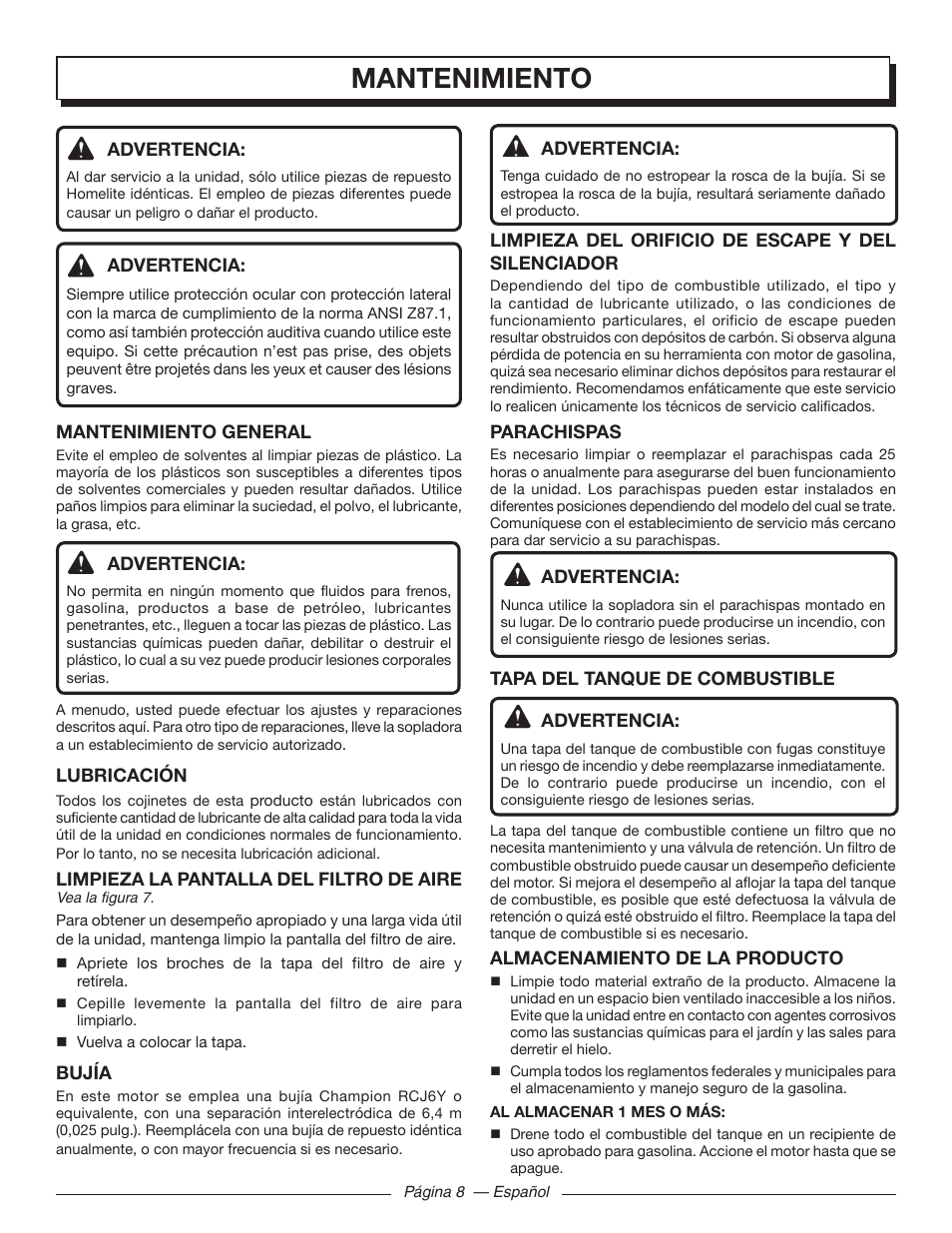 Mantenimiento | Homelite UT09002 User Manual | Page 32 / 38