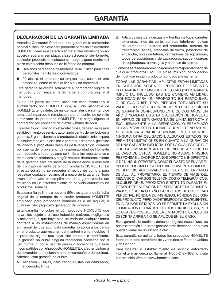 Garantía | Homelite UT09002 User Manual | Page 34 / 38